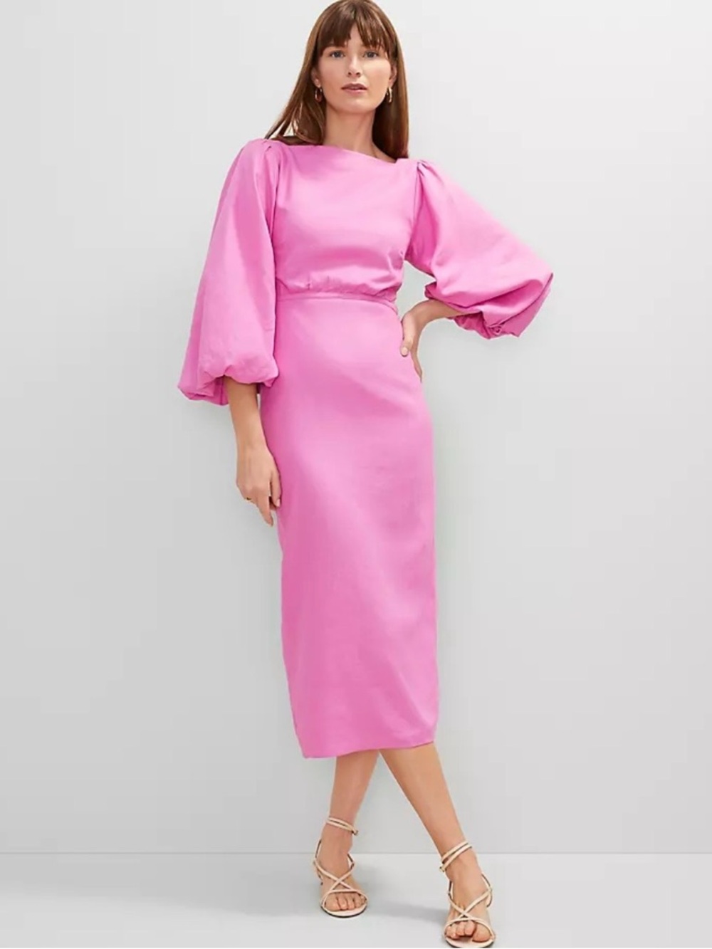 Ann Taylor NWT Pink Linen Blend Midi Dress Cut Out Waist Puff Sleeves Sz 8